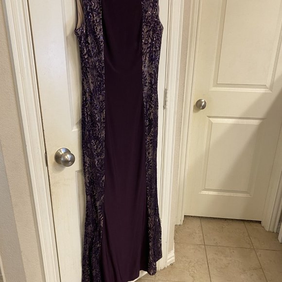 R & M Richards Purple Plum Long Embellished Illusion-Detail Gown - Picture 2 of 9